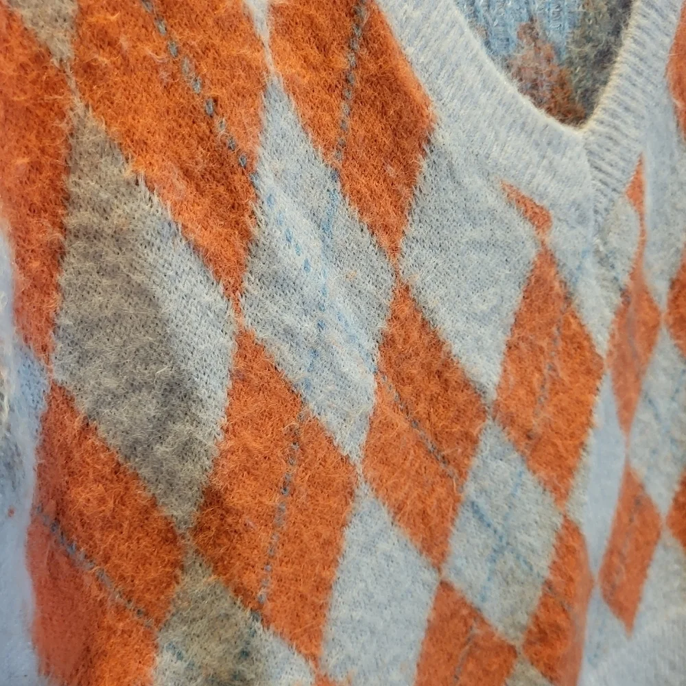 Free People Argyle V-NeckSweater Vest Blue & Orange Size Small